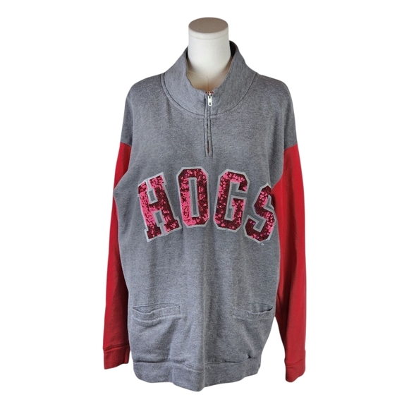 PINK Victoria’s Secret HOGS Sequin Half Zip Pullover Gray Red Sz Medium - Picture 1 of 10